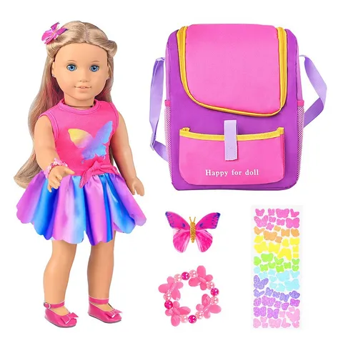 18 Inch Doll Clothes And Backpack Set For Girl Doll Accessories Including Pink Butterfly Top Gradient Skirt Bracelet Hair Clip