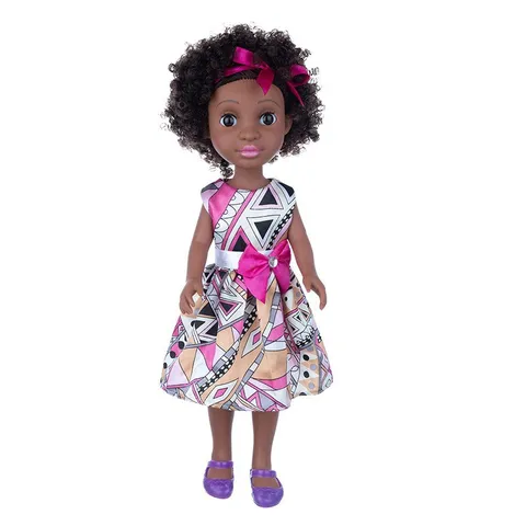 African American Simulation Girl Doll Afro Hair Geometric Pattern Dress Rhinestone Bow Vinyl Toy Girl Gift