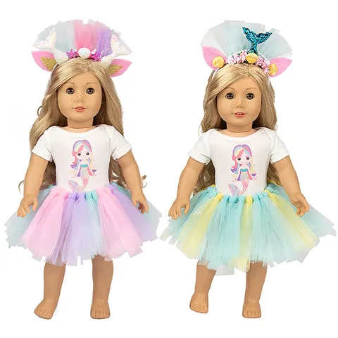 18 Zoll Puppenkleidung Meerjungfrau Tutu Rock Outfit Set Regenbogen Netz T-Shirt Stirnband Prinzessin Puppenzubehör Geschenk