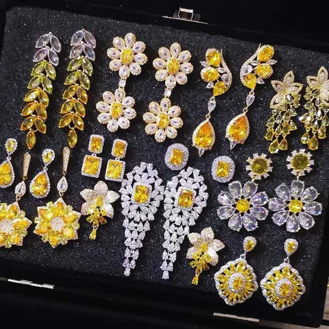 Fashion Copper Yellow Moissanite Inlaid Flower Butterfly Earrings Light Luxury Design Silver Post Drop Earrings For Women Jewelry