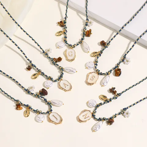 Cavigliera con Alfabeto Intrecciato Bohemian per Donna Lega Perla Artificiale Conchiglia Pietra Spiaggia Vacanza Sandalo Gioielli