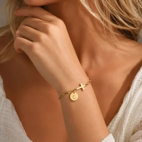 Bracciale da Donna Minimalista in Rame con Catena a Graffetta con Disco Rotondo con Lettera Iniziale e Ciondolo a Croce Gioielli Dorati