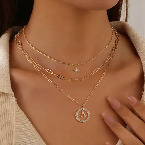 Collana Multistrato Vintage in Rame Lega Strass Con Ciondolo a Forma di Bussola Iniziale Esagramma Girocollo Gioielli da Donna