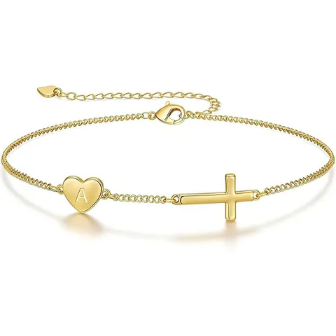 Braccialetto in Rame con Cuore Croce Alfabeto per Donna Bracciale con Ciondolo Iniziale Personalizzato Gioielli Placcati in Oro Regalo Mamma