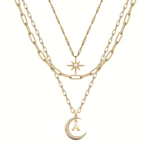 Collana Multistrato in Rame Con Pendente di Strass Alla Moda Stella Luna Iniziale Alfabeto Girocollo Catena Clavicola Color Oro per Donne Gioielli