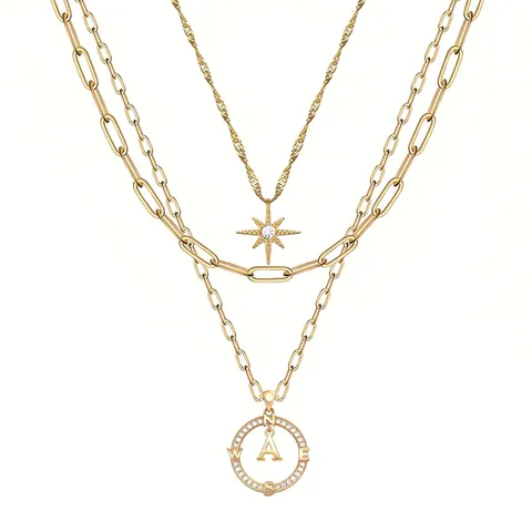 Collana Multistrato Vintage in Rame Lega Strass Con Ciondolo a Forma di Bussola Iniziale Esagramma Girocollo Gioielli da Donna