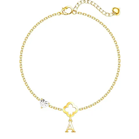 Bracciale in Rame Placcato Oro Moda Quadrifoglio Svuotato Cuore Strass Pendente Lettera Iniziale Bracciale Regolabile Gioielli per Donna