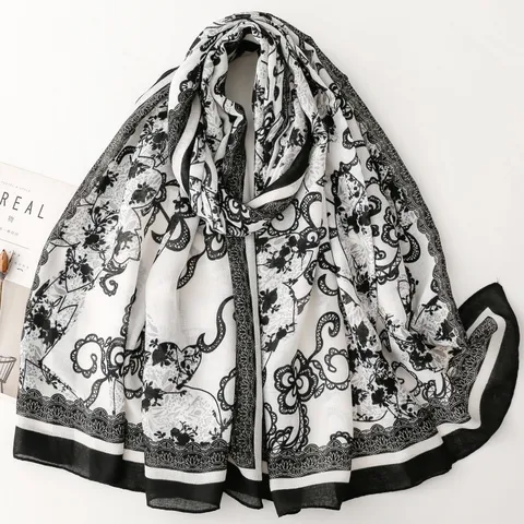 French Retro Black White Floral Print Scarf Women Cotton-Linen Feel Large Shawl Ethnic Style Wrap Neck Scarf