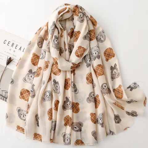 Sciarpa da Donna in Poliestere Stampato a Quadri con Orsetto Stile Giapponese Scialle con Stampa di Cuori Morbido Caldo Decorativo Sciarpa Lunga alla Moda per l'Uso Quotidiano