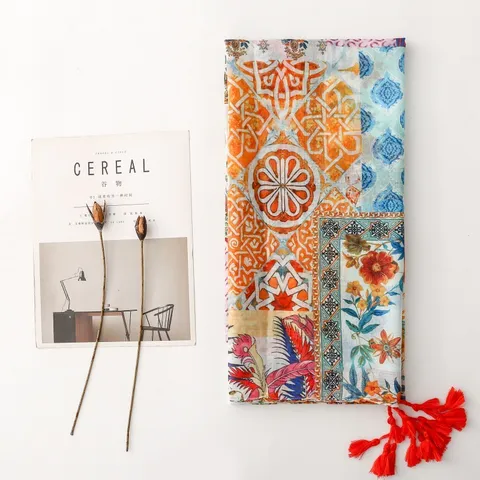 Boho Ethnisch Bedruckter Schal Für Damen Vintage Farblock Quasten Shawl Omslagdoek Polyester Sonnenschutz Reiseschals