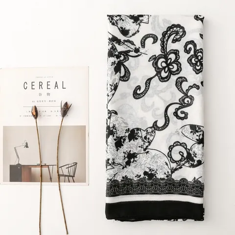 French Retro Black White Floral Print Scarf Women Cotton-Linen Feel Large Shawl Ethnic Style Wrap Neck Scarf