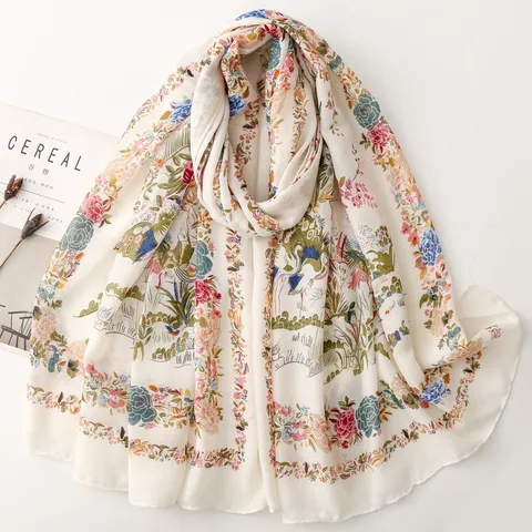 French Vintage Pastoral Floral Bird Print Scarf Cotton Linen Feel Polyester Shawl Scenery Travel Beach Wrap For Women