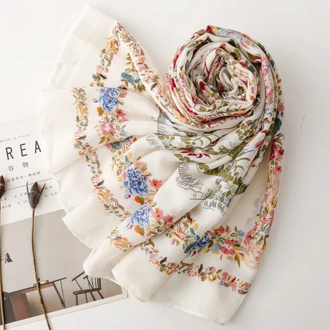 French Vintage Pastoral Floral Bird Print Scarf Cotton Linen Feel Polyester Shawl Scenery Travel Beach Wrap For Women