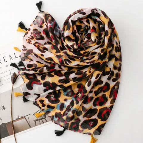 Dames Kleurrijke Luipaardprint Sjaal Met Kwasten Polyester Bedrukt Omslagdoek Zonbescherming Sjaal Reizen Strand Sjaal