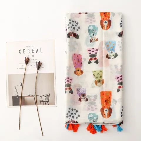 Dames Cartoon Zonnebril Hond Print Sjaal Kleurrijke Puppy Patroon Kwastjes Omslagdoek Vakantie Strand Zonbescherming Polyester Sjaal