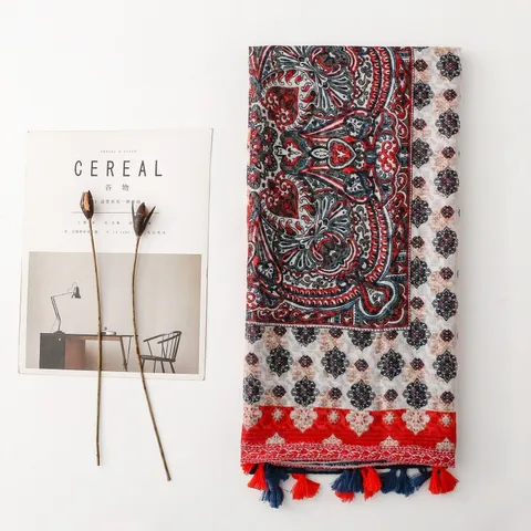 Damen Schal Im Bohemian Ethnisch Stil Paisley Geometrisch Floral Bedruckt Quasten Schultertuch Urlaub Rot Blau Langer Schal