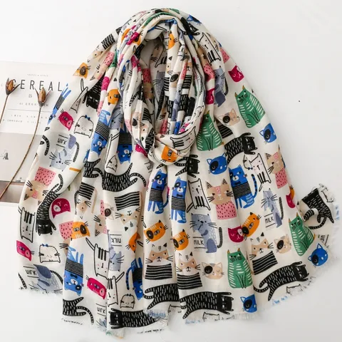 Cute Cartoon Cat Printed Scarf For Women Fresh Style Soft Polyester Shawl Wrap Everyday Sun Protection Fringed Scarf Accessories Gift