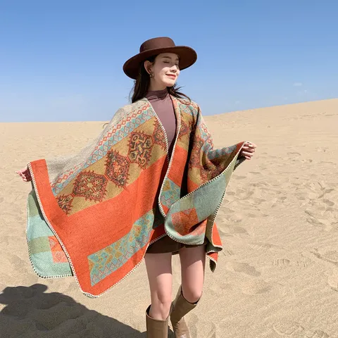 Bohemian Geometric Pattern Imitation Cashmere Shawl Poncho With Tassel Split Thick Warm Cape For Women Travel Outdoor Gift