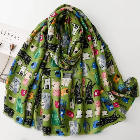 Cute Cartoon Cat Printed Scarf For Women Fresh Style Soft Polyester Shawl Wrap Everyday Sun Protection Fringed Scarf Accessories Gift