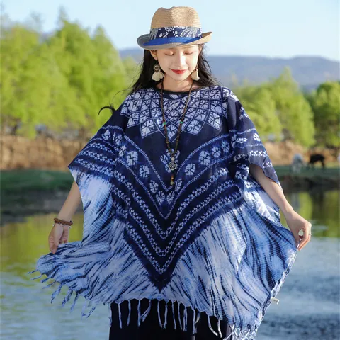 Ethnic Στυλ Poncho Σάλι Με Tie Dye Τύπωμα για Γυναίκες Βίντατζ Μπλε Πορσελάνη Προστασία από τον Ήλιο Μείγμα Βαμβακιού Κασκόλ