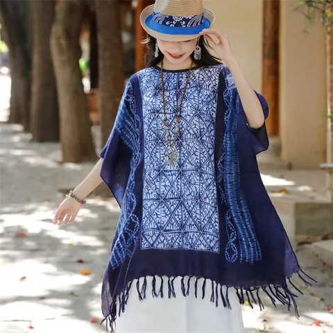Ethnic Στυλ Poncho Σάλι Με Tie Dye Τύπωμα για Γυναίκες Βίντατζ Μπλε Πορσελάνη Προστασία από τον Ήλιο Μείγμα Βαμβακιού Κασκόλ