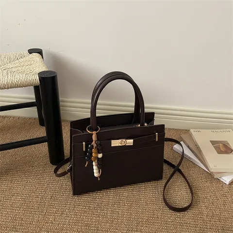 Bolso Cuadrado Pequeño Minimalista de Cuero PU para Mujer Con Asa Adorno de Cuentas de Madera Bolso de Hombro Cruzado para Uso Diario Trabajo