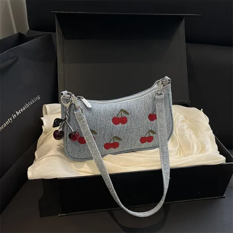 Women Vintage Denim Cherry Embroidered Boston Bag Niche Top Handle Crossbody Shoulder Bag With Pendant Fashion