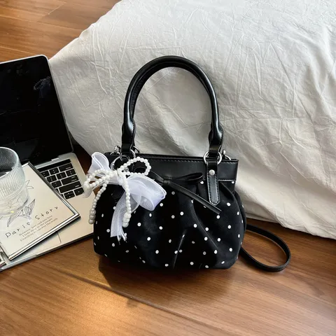 Bolso de Mano Plisado con Lunares Coreano para Mujer Bolso Bandolera Pequeño de Cuero PU para Trabajo Viaje Bolso Versátil