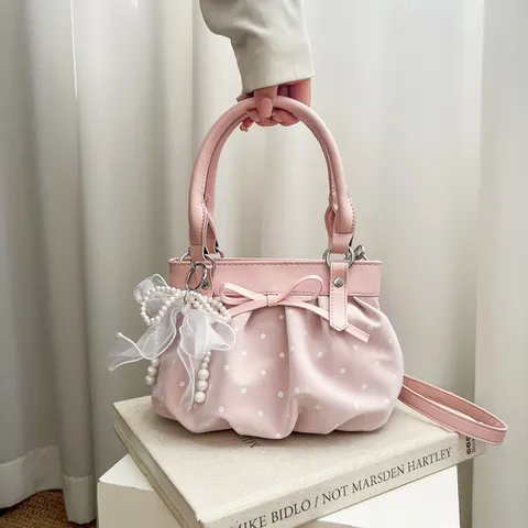 Bolso de Cubo Plisado con Lunares Estilo Coreano para Mujer Dulce Bolso de Mano de Cuero PU con Lazo y Colgante de Perlas