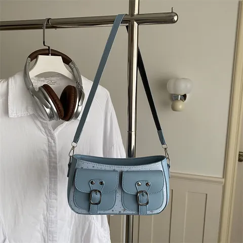 Women Fashion PU Leather Crescent Underarm Bag Star Pattern Shoulder Bag With Double Front Pockets Metal Buckle Handbag