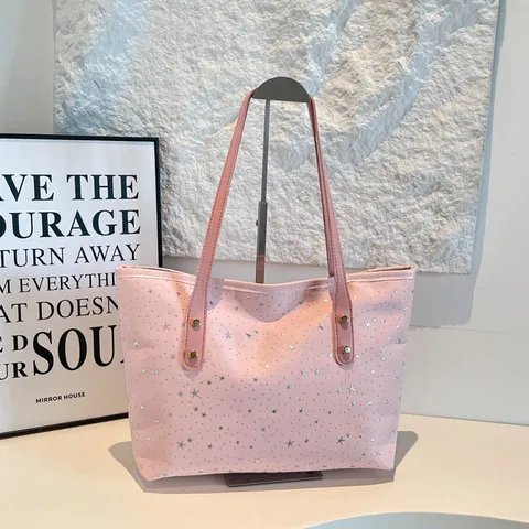 Women Large Polyester Star Print Tote Bag Casual Rhinestone Top Handle Shoulder Handbag For Daily Travel Commuting