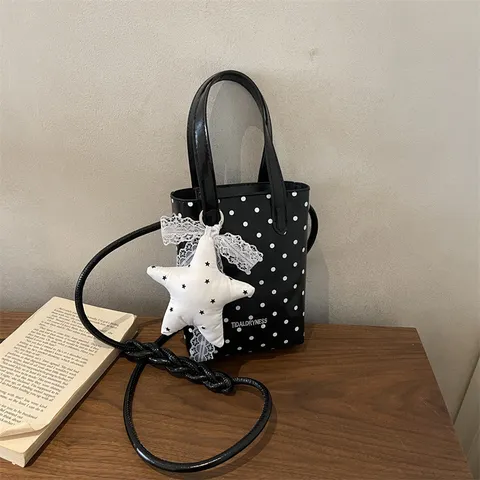 Bolso de Mano de Tendencia con Lunares para Mujer Cuero PU Premium Mini Bolso de Hombro Bandolera Moda Dulce Colgante Estrella para Viaje Diario Casual
