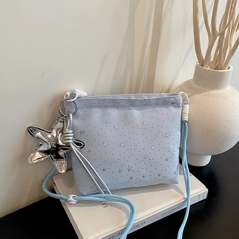 Doux Sac en Toile Motif Étoiles Élégant Sac Bandoulière Femmes Avec Pendentif Étoile Petit Sac Fourre-Tout Cordon pour Quotidien