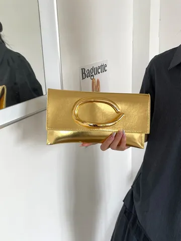 Metalen PU Leren Enveloppe Clutch Tas Voor Dames Trendy C Vormige Ring Handvat Chique Elegante Avondtas Banket Feest