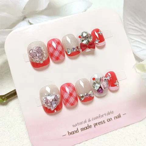 Uñas Postizas Press On Ojo De Gato Hechas A Mano Cortas Cuadradas Redondeadas Con Strass Corazón Lazo Cuadros Para Mujer