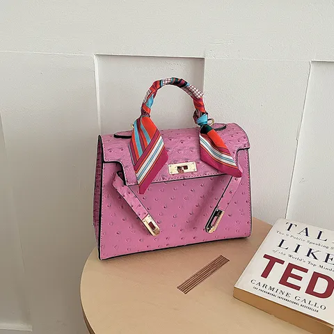Borsa a Mano da Donna Vintage in Pelle PU Goffrata Struzzo Con Manico Avvolto in Sciarpa Chiusura in Metallo Tracolla Grande Capacità