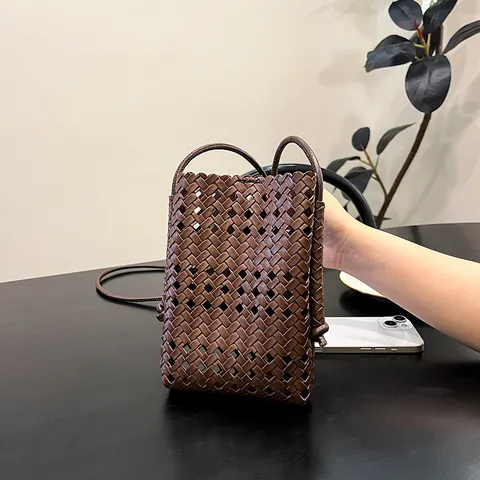Womens Vintage Woven Crossbody Bag Hollow Out PU Leather Mini Shoulder Bag Small Handphone Bag Casual Handbag