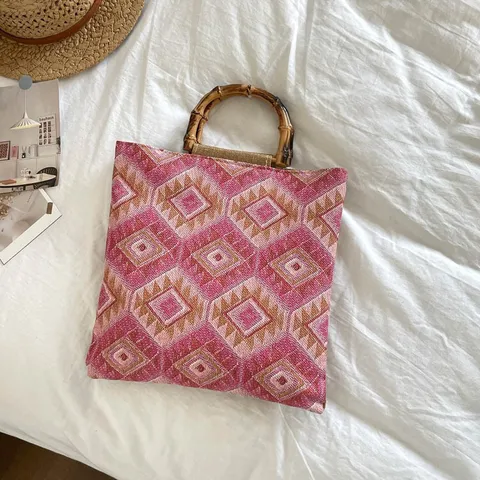 Bolso Tote de Lona Casual para Mujer Gran Capacidad Bolso de Mano Estilo Coreano Estampado Geométrico Paisley Mango de Bambú Bolso de Hombro
