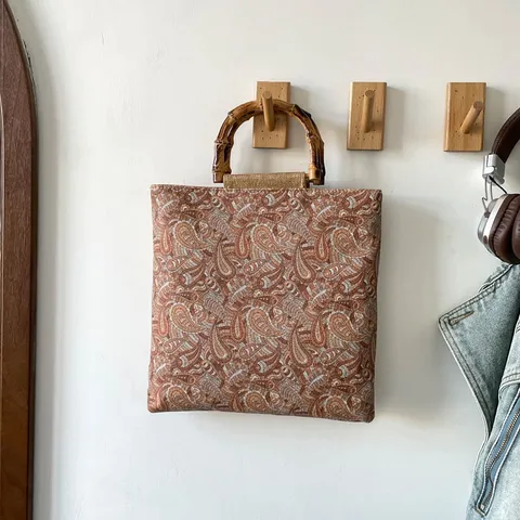Bolso Tote de Lona Casual para Mujer Gran Capacidad Bolso de Mano Estilo Coreano Estampado Geométrico Paisley Mango de Bambú Bolso de Hombro