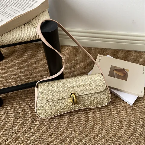 Stylish Woven Straw Shoulder Bag For Women Fashion Lock Buckle Small Square Bag Casual Commuter Underarm Bag