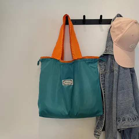 Grote Capaciteit Color Block Nylon Tote Tas Casual Woon-werkverkeer Schoudertas Opvouwbaar Trekkoord Reis Shopper