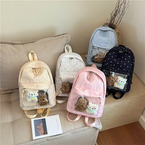 Women Casual Polka Dot Backpack Large Capacity School Bookbag With Transparent Pocket And Cute Plush Pendant
