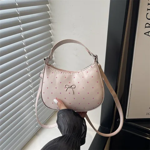 Bolso Cruzado de Hombro para Mujer en Forma de Luna con Lunares Bonito Lazo Colgante de Perlas Bolso de Mano de Cuero PU Tote Casual