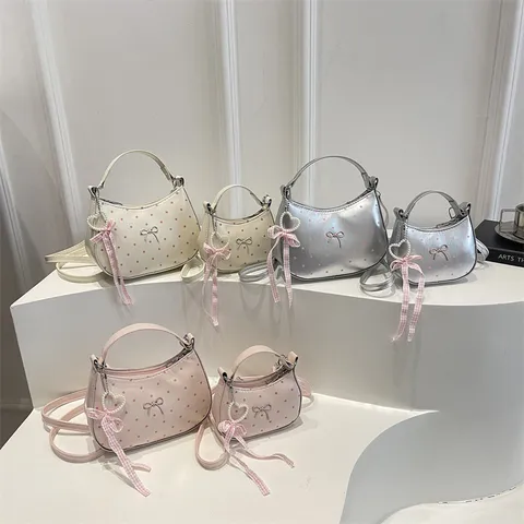 Women PU Leather Crescent Underarm Bag Polka Dot Casual Shoulder Bag With Bow Pearl Pendant Trendy Commuter Handbag