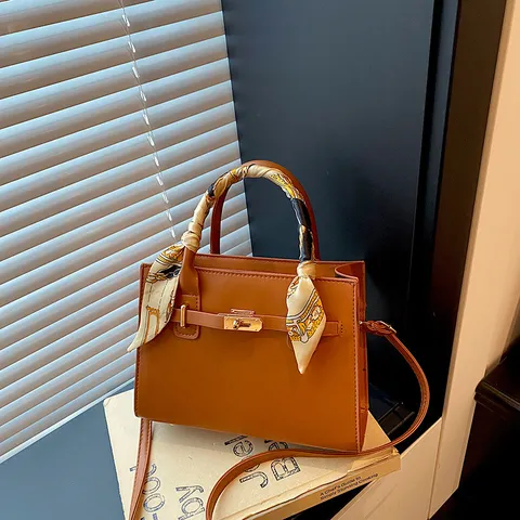 Women Fashion PU Leather Top Handle Shoulder Bag Classic Retro Casual Commuter Crossbody Handbag With Silk Scarf Metal Lock