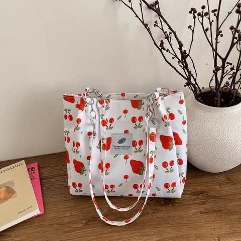 Bolso Tote de Lona para Mujer Estampado Dulce de Fresa y Cereza Bolso de Hombro Casual