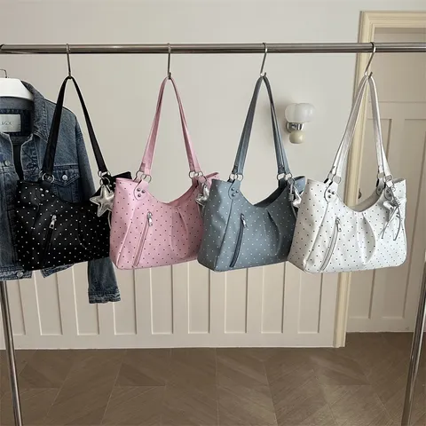 Women's Casual Polka Dot Tote Bag Large Capacity PU Leather Shoulder Bag With Metal Star Pendant Commuter Handbag