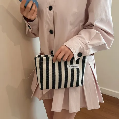 Borsa per Trucco in Tela a Righe Grande Capacità Trousse da Viaggio Minimalista Fiocco Borsa a Mano Portatile Pochette per Donne