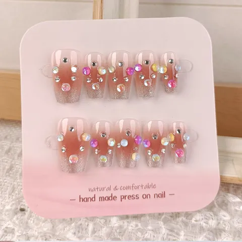 Uñas Postizas de Presión Hechas a Mano Lindo Degradado de Rubor Uñas Falsas Diamante de Imitación Brillante Borde Plateado Corto Arte de Uñas Para Mujeres