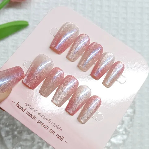 Handmade Press On Nails Cat Eye Gradient Pink White False Nail Tips Short Coffin Fake Nails